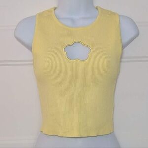Yellow Ribbed Crop Top XS Flower Cutout Sleeveless Spring Dreamers by Debut
